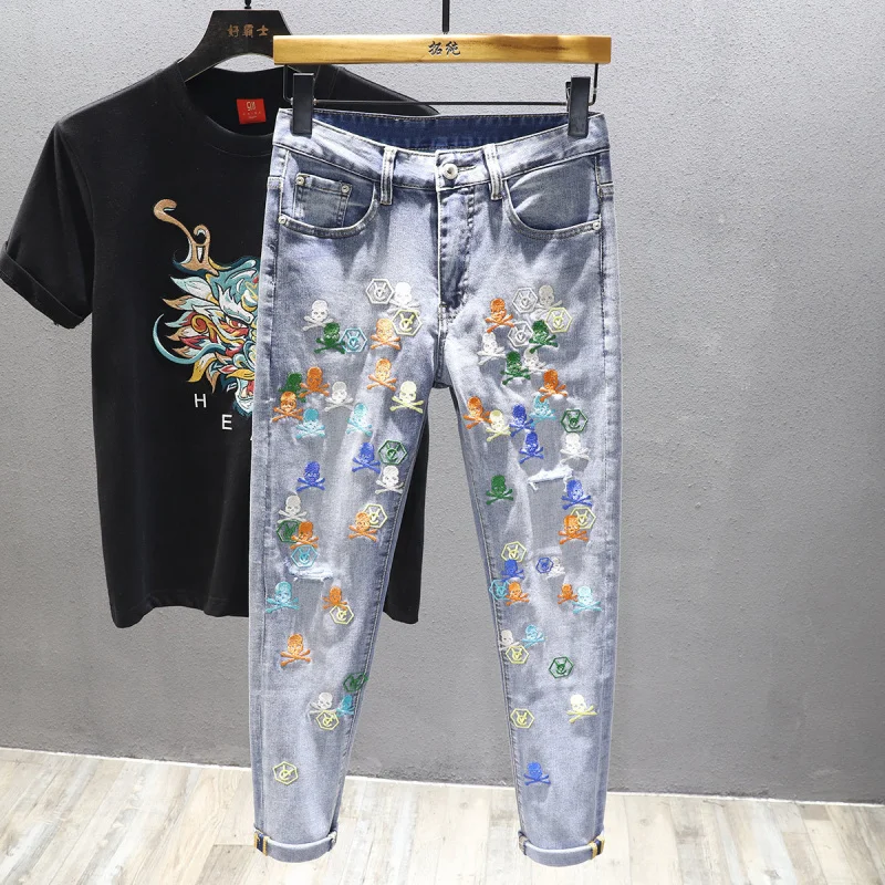 

Summer Men's Luxury Slim Fit Jeans with Embroidery Design, Stretchy Casual Thin High-end Long Pants