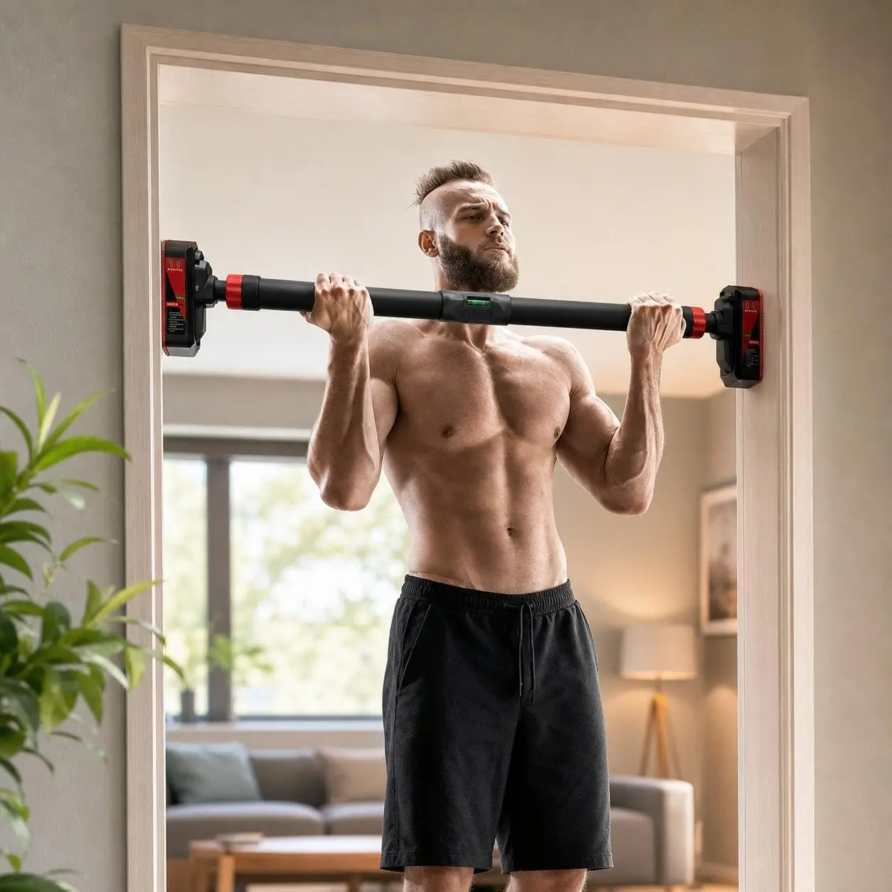 Pull Up Bar for Doorway, Frame Chin Up Bar with Safety Lock, Home Gym Upper Body Workout Fitness Equipment with 4-in-1 Multi Exercise Function Holds for Ultimate Door Frame Protection