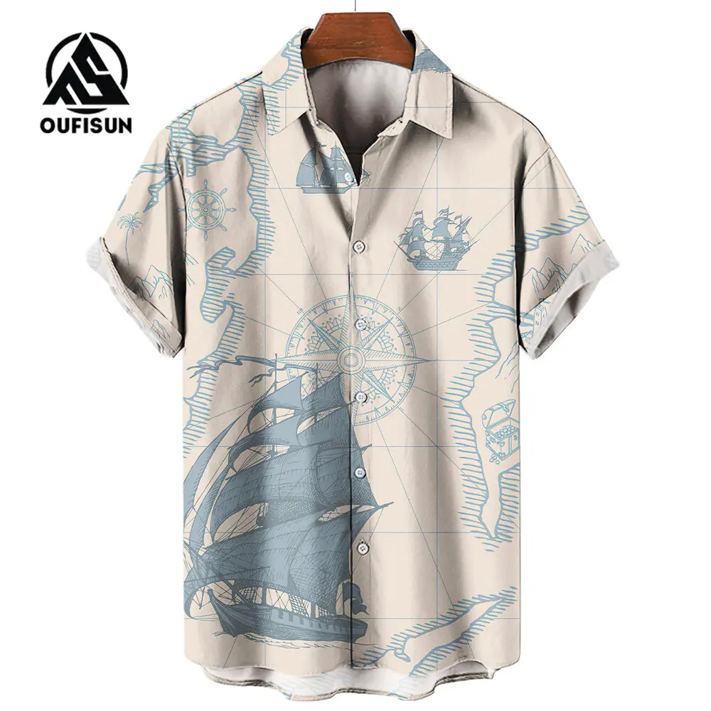 Men\'s Short Sleeve Shirt Summer Fashion Nautical Compass Anchor Printed Tops Men\'s Casual Loose Shirts Oversized Size S-5XL