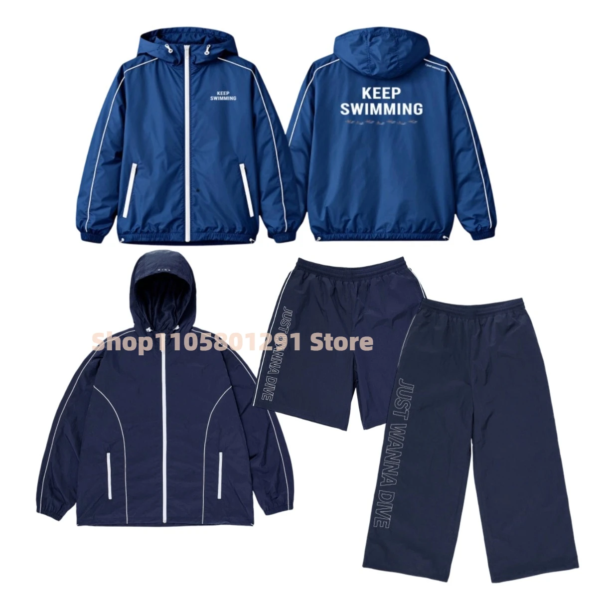 Unisex Waterproof Hooded Windbreaker Jacket, KEEP SWIMMING Letter Print Zip‑Up Coat, Casual Lightweight Outdoor Fan Outerwear