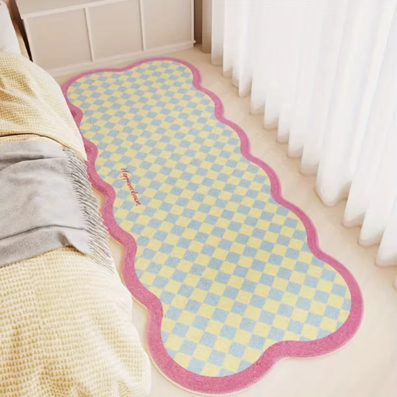 VIKAMA Grid Line Bow Pattern Bedside Blanket, Absorbent Anti Slip Soft Long Floor Mat, Living Room Indoor Home Decoration