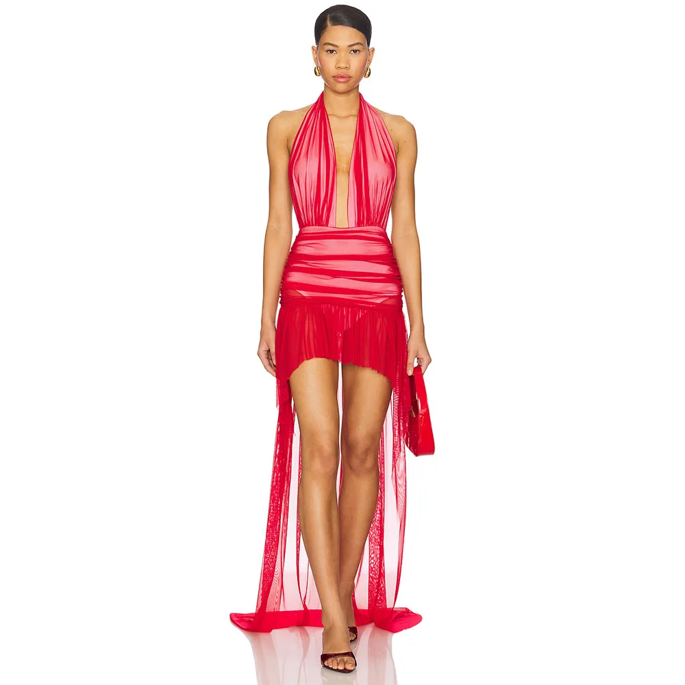 Vestido de cóctel rojo hasta la rodilla Mini largo corto sirena Halter sin mangas vestido de fiesta de vacaciones vestido de noche plisado vestido saudita