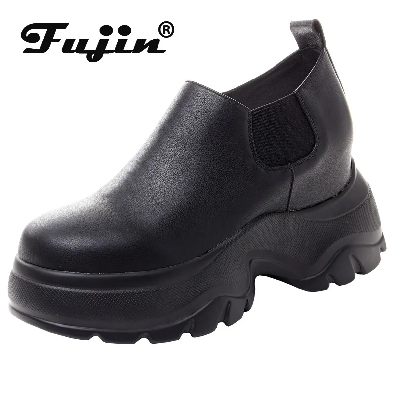 Fujin 10cm Genuine Leather Spring Round Toe Autumn Motorcycle Boots Women Ankle Booties Ladies Shoes Fashion Chimney Moccasins