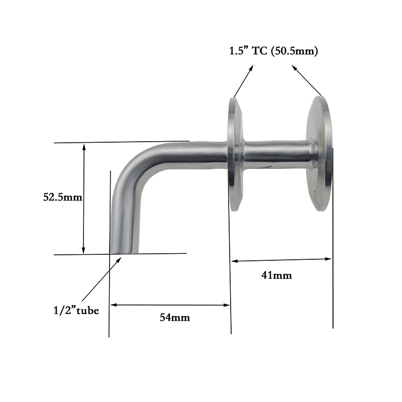 1.5” TC x 1.5” TC x 1/2” Tube Tri Clover Whirlpool Tube Tri Clamp Racking Arm 12.7mm OD