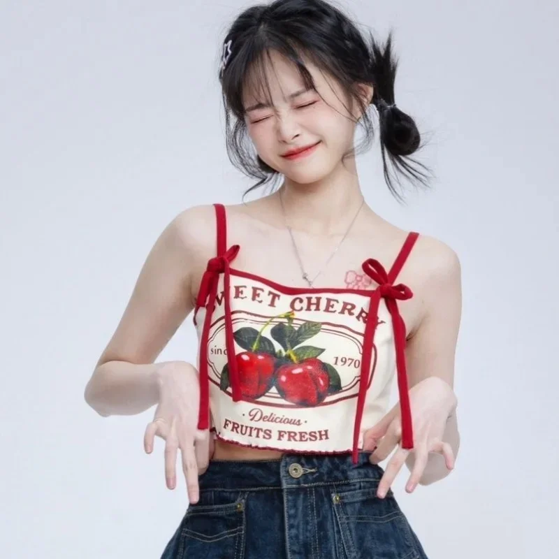 Hikigawa Chic Fashion Women Casual Japanese Sweet Cherry Print Slim Camisole Summer Bow Lace Up Thin Sxey Crop Y2k Tops Mujer