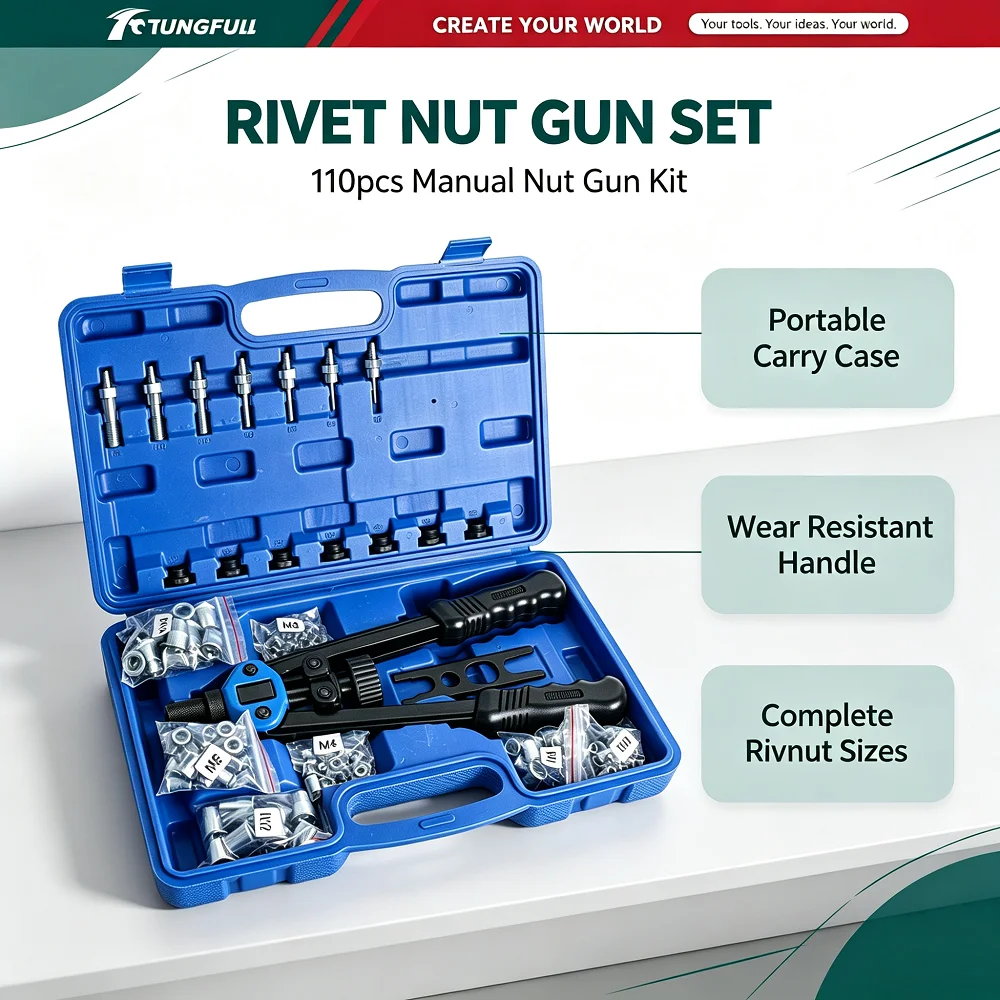 TUNGFULL 110PCS Manual Rivnut Tool Kit Hand Rivet Nut Gun Threaded Insert Nuts Riveting Set Furniture Auto Repair Tool