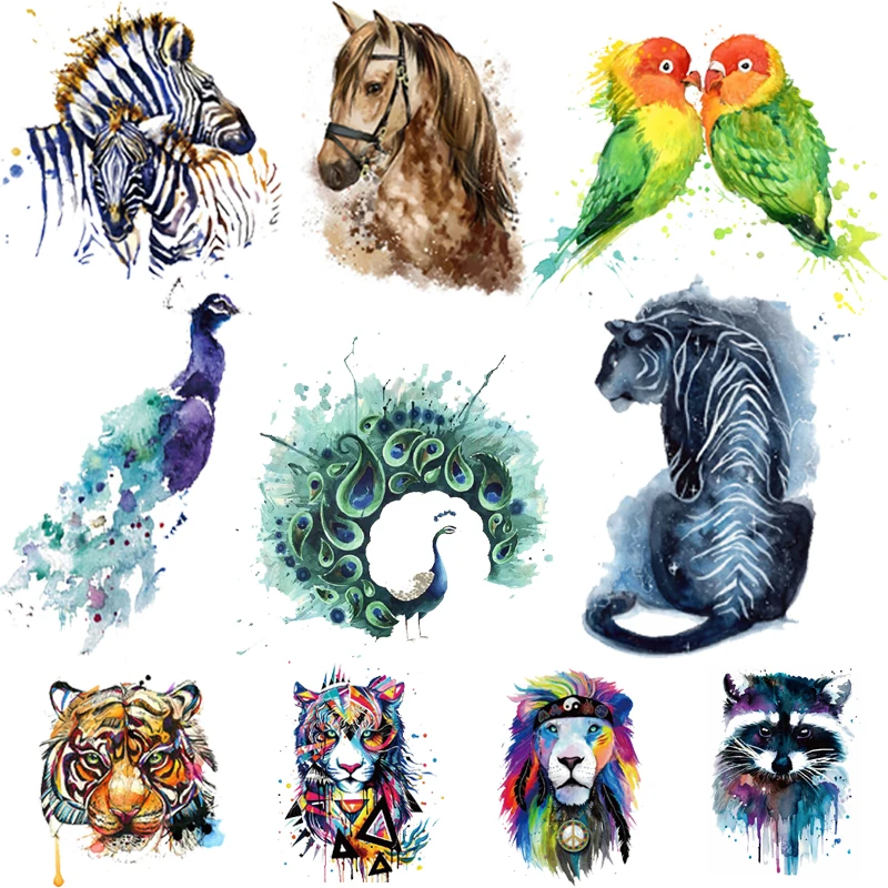 Watercolor Animals Patches Stickers Cat Tiger Horse Lion Peacock Bird Iron on Transfers for Clothing Washable T-shirts Appliques