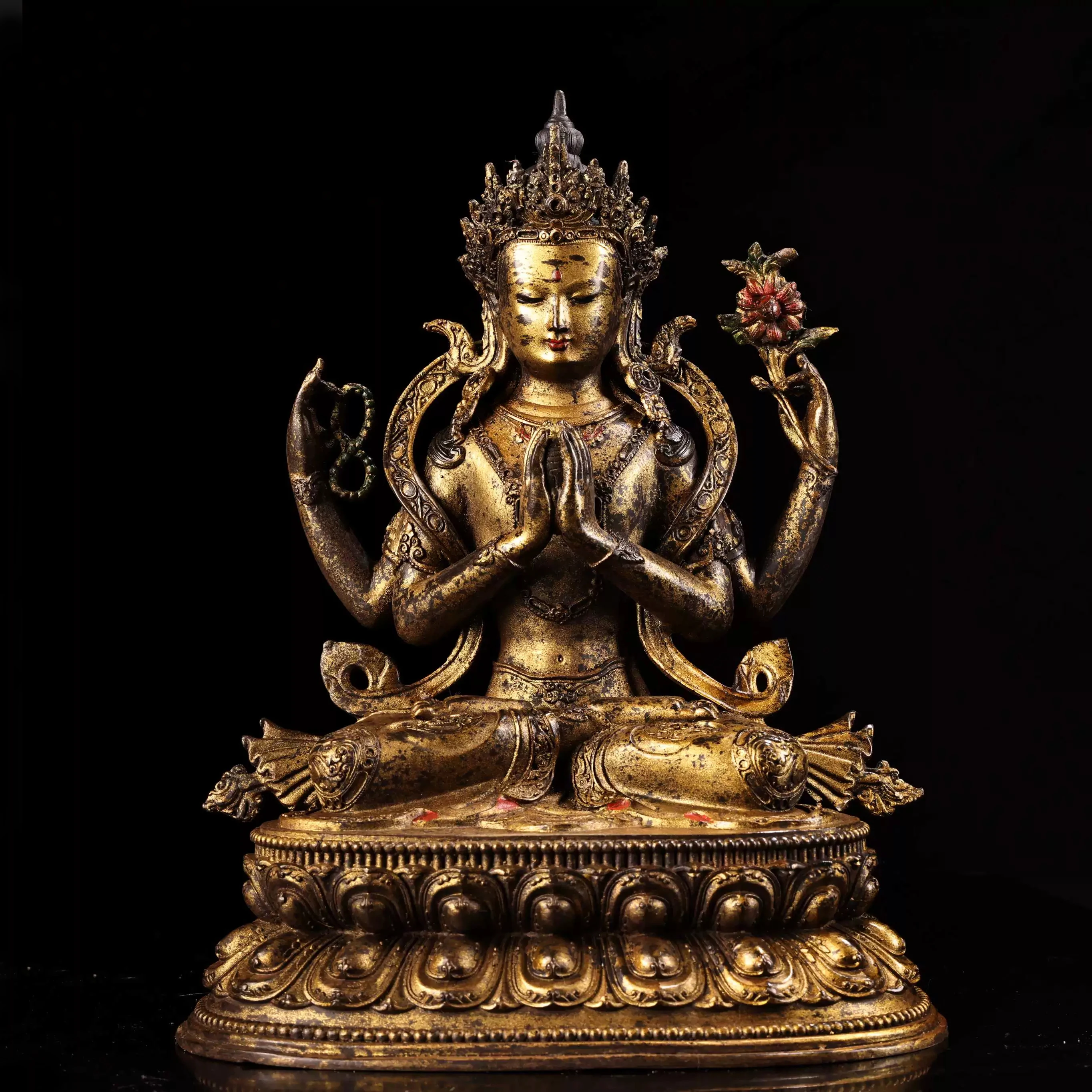 Tibetan Four Armed Avalokiteshvara Copper Statue Gilt Base Home Decor Collectible