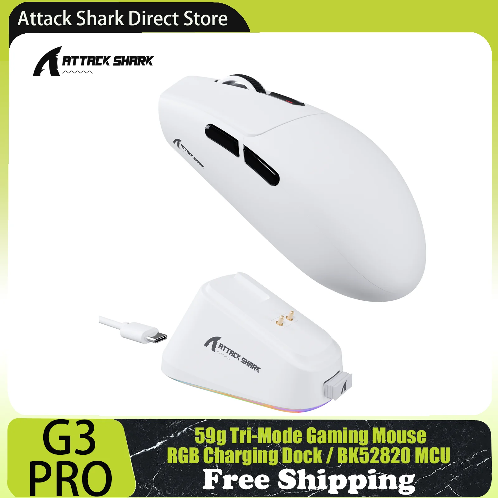 ماوس ألعاب لاسلكي ATTACK SHARK G3PRO مع قاعدة شحن مغناطيسية RGB، ثلاثي الوضع، 59 جرام خفيف للغاية، مستشعر PAW3311، 25000 نقطة في البوصة