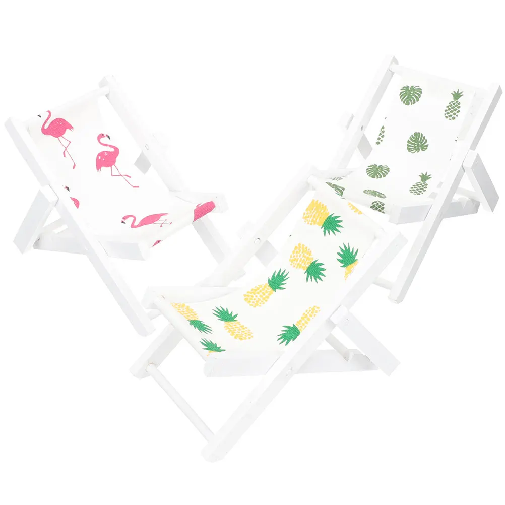 

3 Pcs Miniature Folding Chair Accessories Beach Phone Stand Dollhouse Decorations Wood Foldable Chairs