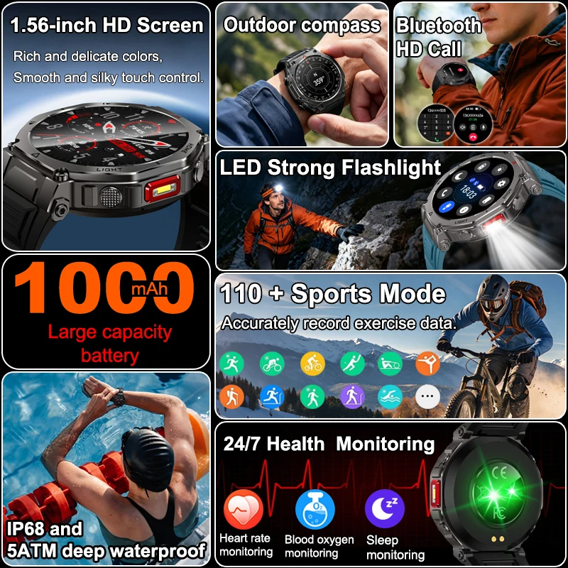 2026 New HT-5 Military Smart Watch Men 5ATM Waterproof Fitness Tracker Health Monitor Outdoor Compass Sports Call Smartwatches