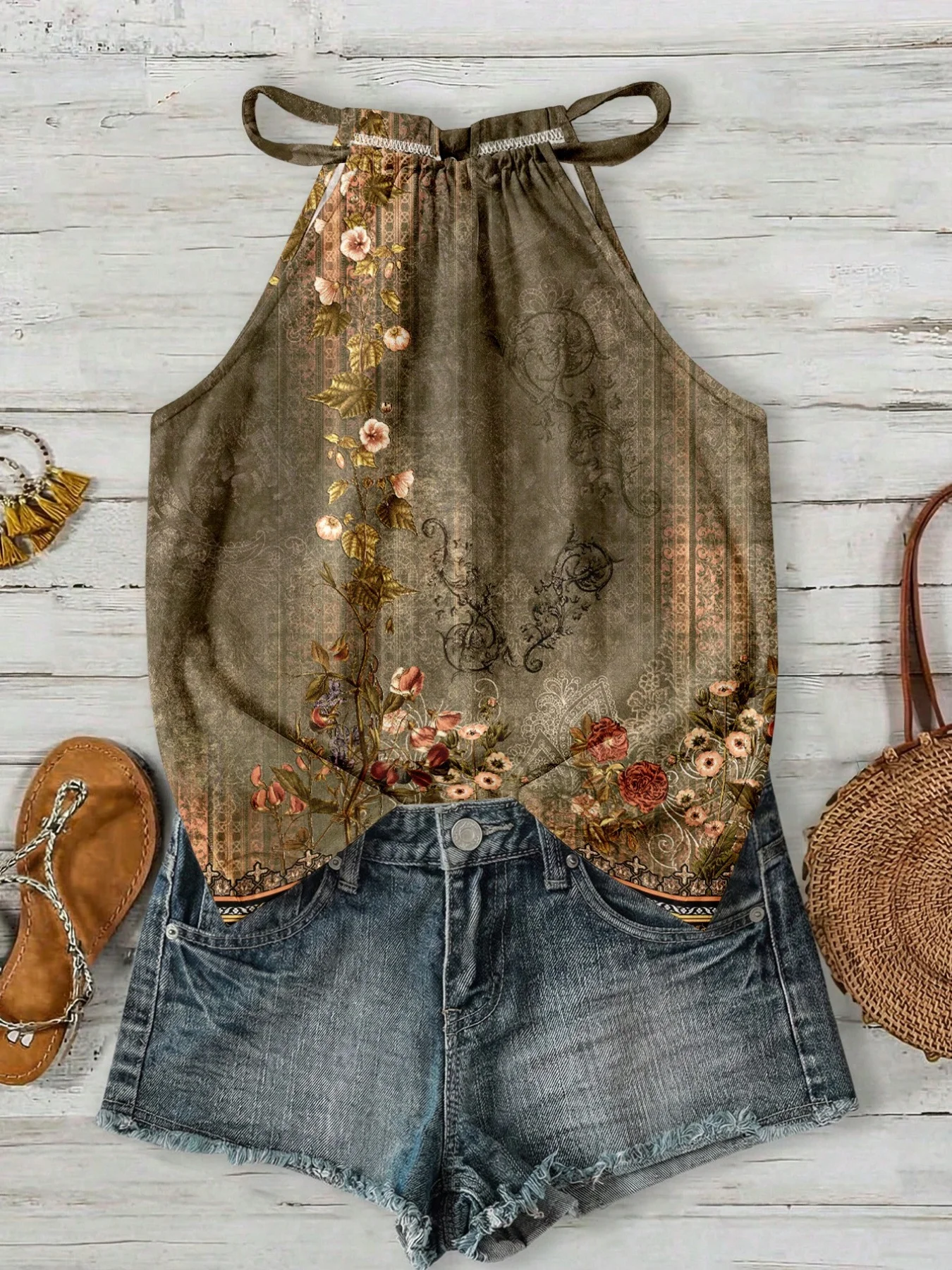 Summer women's casual vacation elegant retro printed hanging neck sleeveless vest top