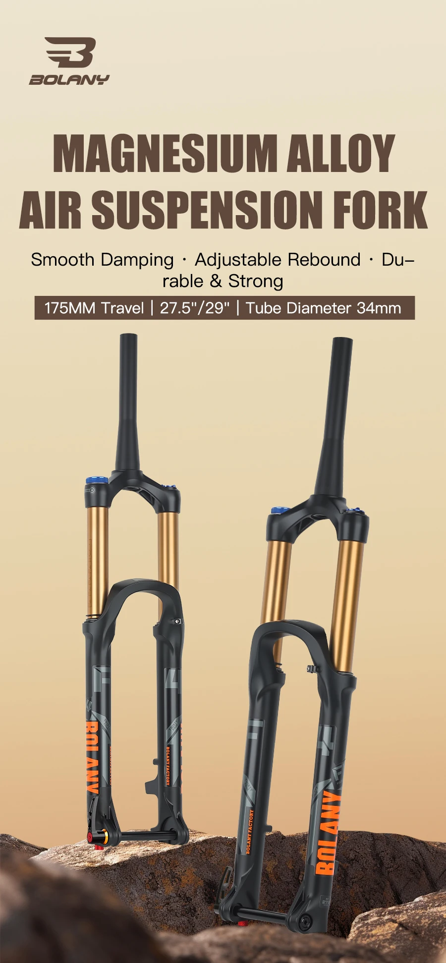 BOLANY Fourche Suspension Pneumatique VTT 26/27.5/29" - Réglage Rebond, Verrouillage Manuel/distance, Débattement 100 Mm, Axe 9 Mm