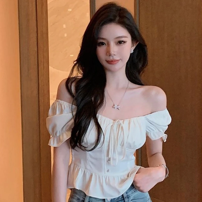 Puff Sleeve Blouses Women Ruffles Tender Lace-up Fashion Slim Hotsweet Solid All-match Summer New Vintage Female Korean Style