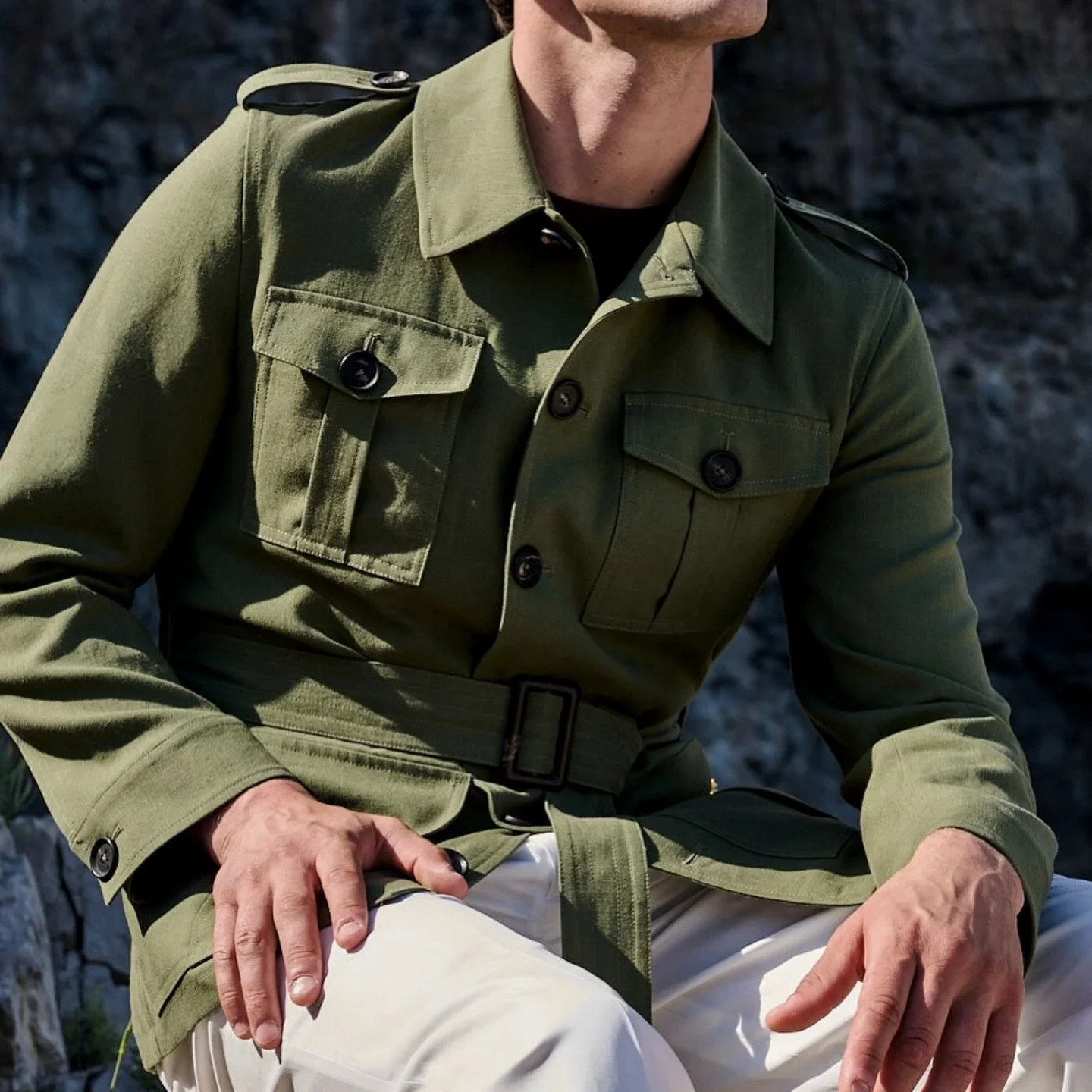 Vintage Mens Olive Green Safari Jacket Belted Linen Blend Multi Pocket Casual Coat Party Business Meeting Cocktail Customized
