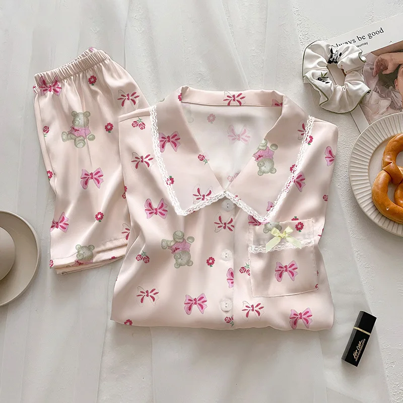 

Bow Bear Lace Women Pajamas Set Pijama Silk Satin Pyjamas Pocket Female Homewear Lapel Short-sleeved Ice Silk Pajamas for Women