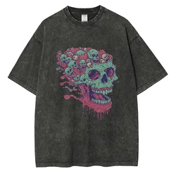 Monster Zombie Skull Graphic T Shirts Heavyweight Cotton Distressed Washed Mens Tops Colorful Cartoon Style Oversized T Shirt