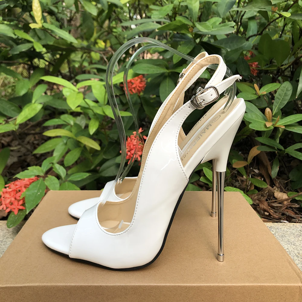 Kobiety Solid White Sandały 16cm Extreme Metal Thin High Heels Sexy Peep Toe Pumps Fetish Club Party Man Crossdresser Unisex Shoes