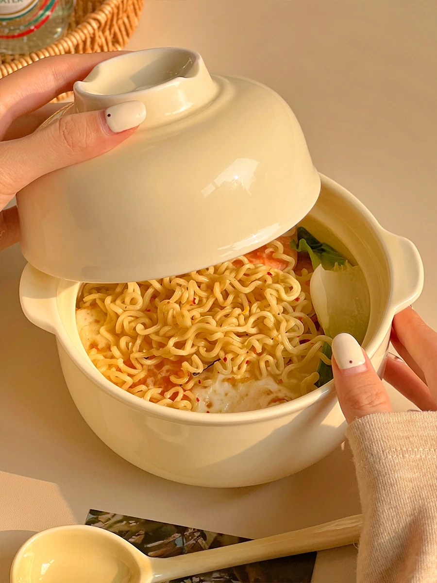 Instant noodle bowl with lid, dormitory for student dormitory, personal bowl with chopsticks, soup bowl, cute household ceramic