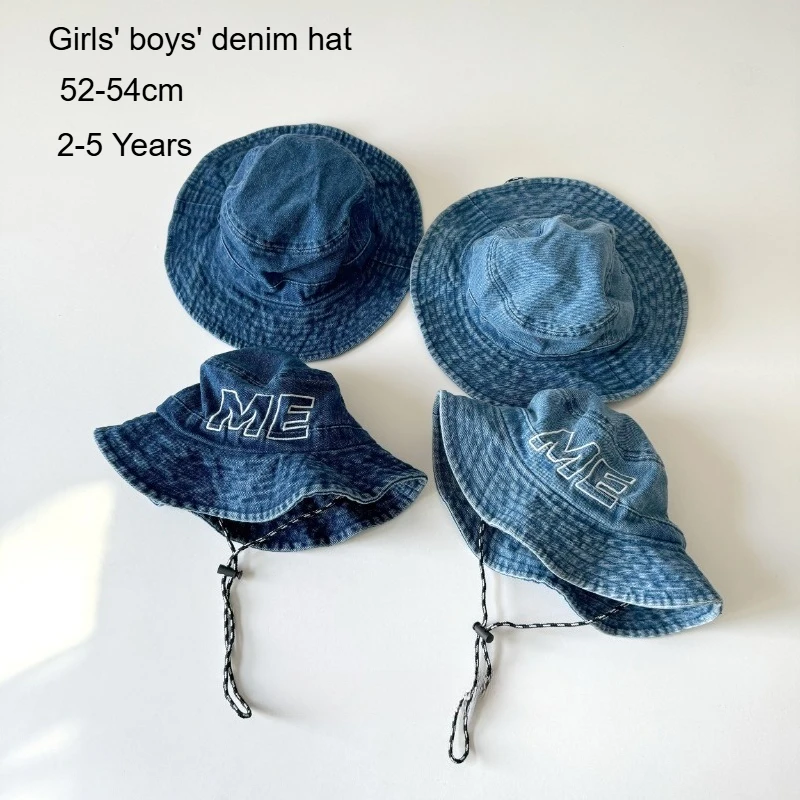 

Boys Spring Summer Washable Bucket Hat 52-54cm 2-5 Years 2026 Kids Denim Fisherman Hat Trendy Letter Embroidery Girls Sun Cap