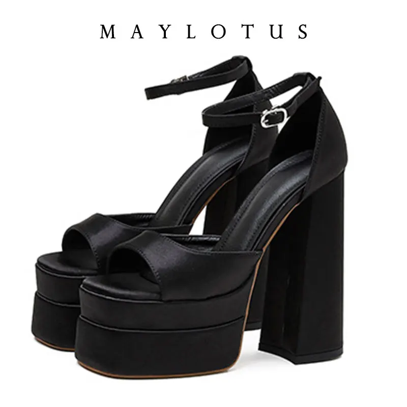 

2026 Stain Pump Women's European and American Fashion Stiletto Waterproof Platform Leather Peep-toe Round Head Buckle Sandals