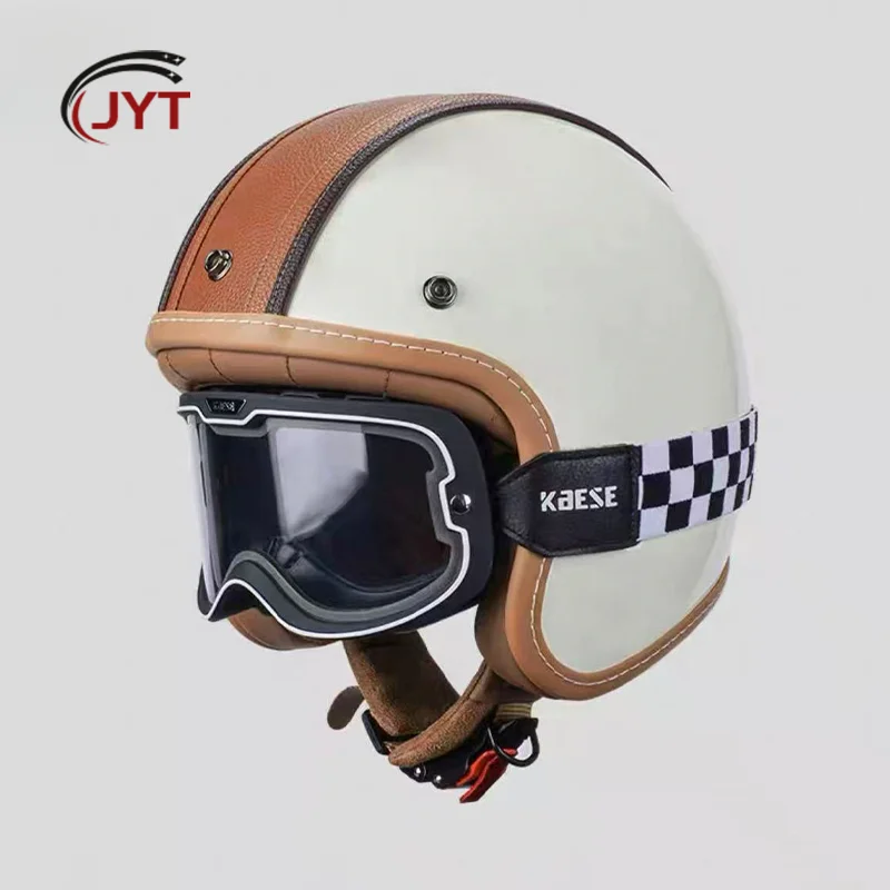 

Retro Style Three-Quarters Motorcycle Helmet with Genuine Leather Accent DOT Certified for Vintage Cruiser Riding Enthusiasts