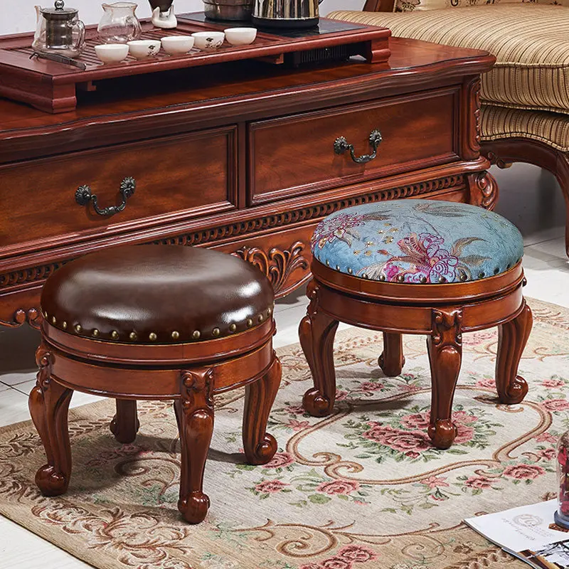 

Ottoman Footstool with Solid Wood Legs European Faux Leather Swivel Round Stool Multifunctional Foot Rest for Living RoomBedroom