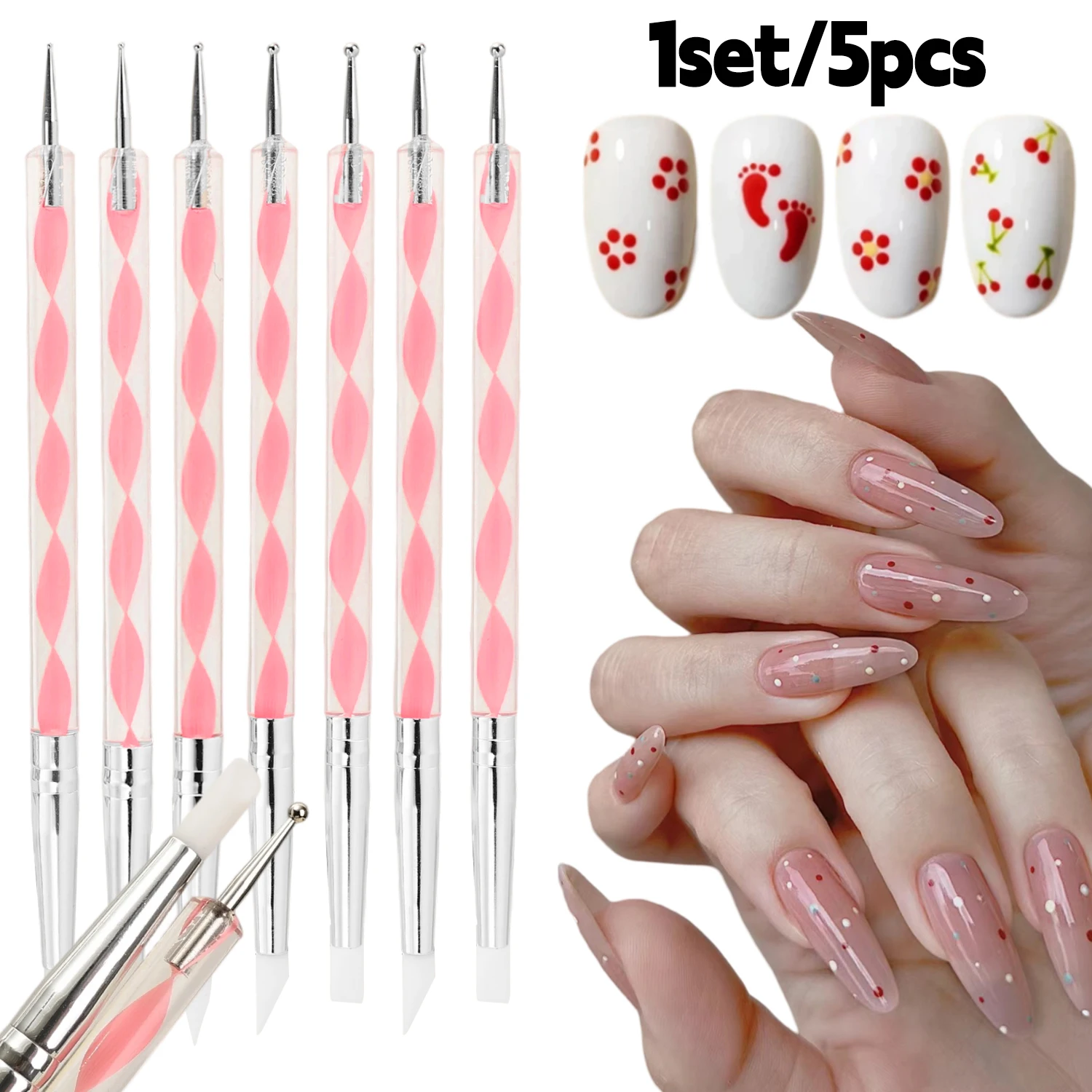 5Pcs/set Double-end Nail Art Pencil Acrylic Silicone Point Flower Nail Pen Stainless Steel Dotting Tool Marbleizing Painting Pen