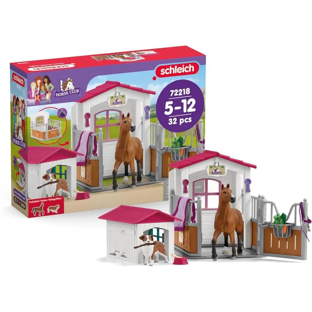

Schleich Horse Club - 32PC Horse Stall and Doghouse Playset - Realistic Racehorse and Dog Figurines with Tack Accessories - Eque