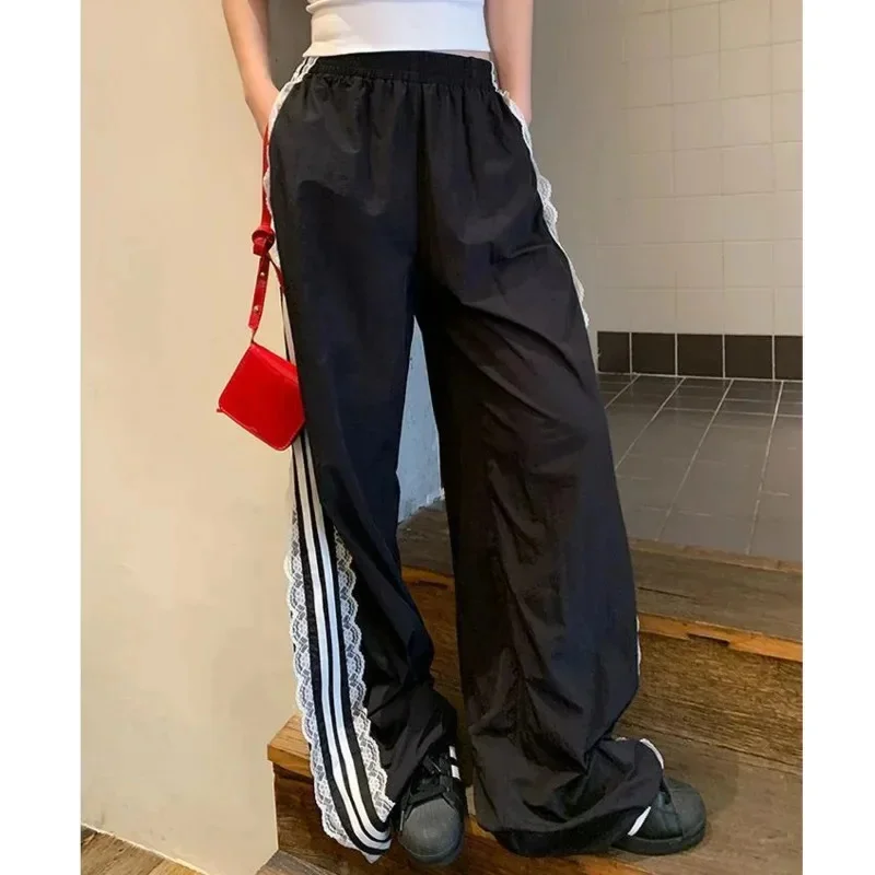 Striped Black Sports Baggy Sweatpant Lace Patchwork Streetwear Wide Leg Trouser High Waist Plus Size Korean Style Pant For Women