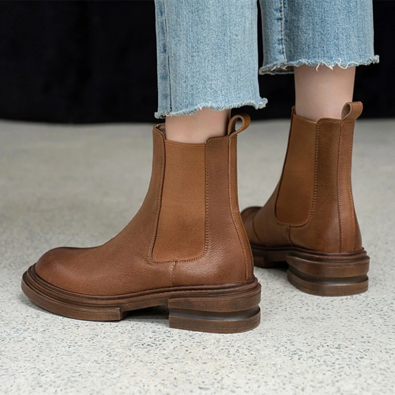 HOT SALE Winter Boots Women Split Leather Boots Round Toe Thick Heel Shoes Women Plaform Boots Chelsea Boots Black Ankle Boots