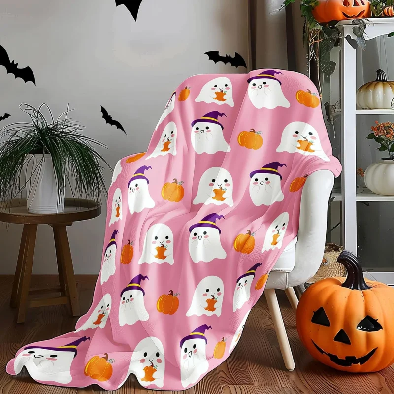 

Halloween Cute Ghost Pumpkin Pink Blanket Flannel Lightweight Double sided Soft Four season Blanket Plush Cover Carpet