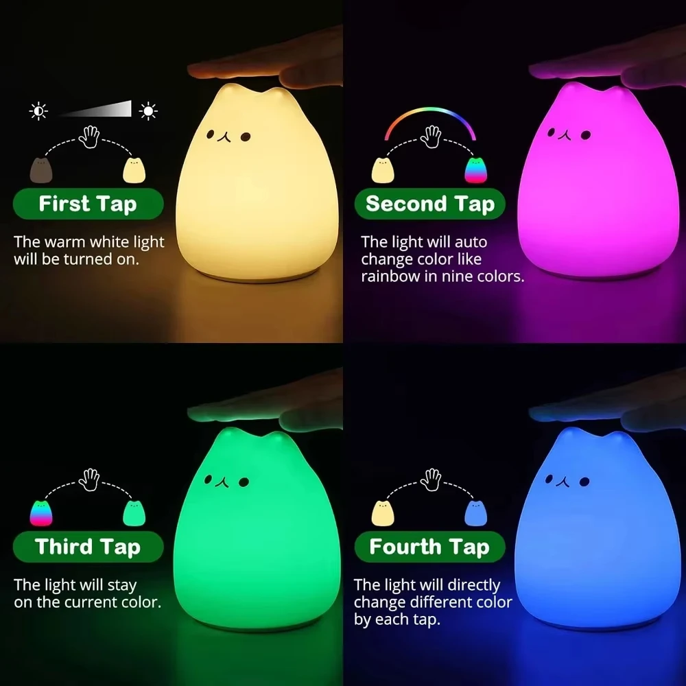 Veilleuse LED USB en silicone souple avec capteur tactile, lampe de couchage chat, décoration de la maison et de la chambre à coucher, cadeau d'anniversaire pour enfant, 7 couleurs