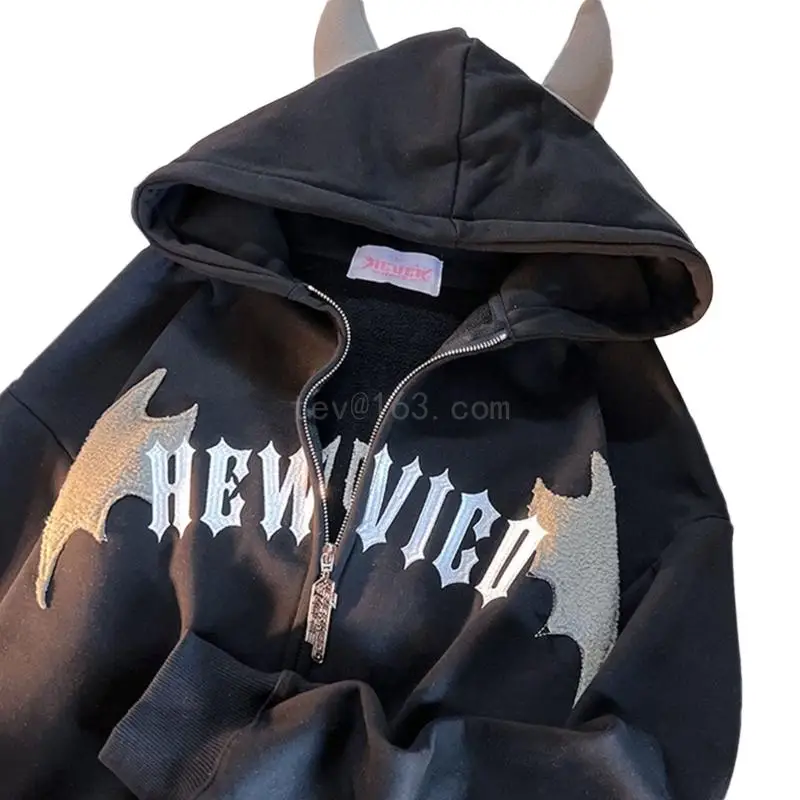 Stylish Womens Devil Horn Sweatshirt Long Sleeve Hoodie Zipper