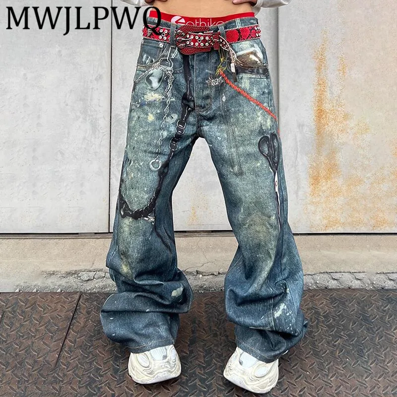 

MWJLPWQ Niche 3D Digital Printed Ink Splash Loose Baggy Pants Chain Denim Trousers Fashion Unisex Trend Street Autumn Jean 12459