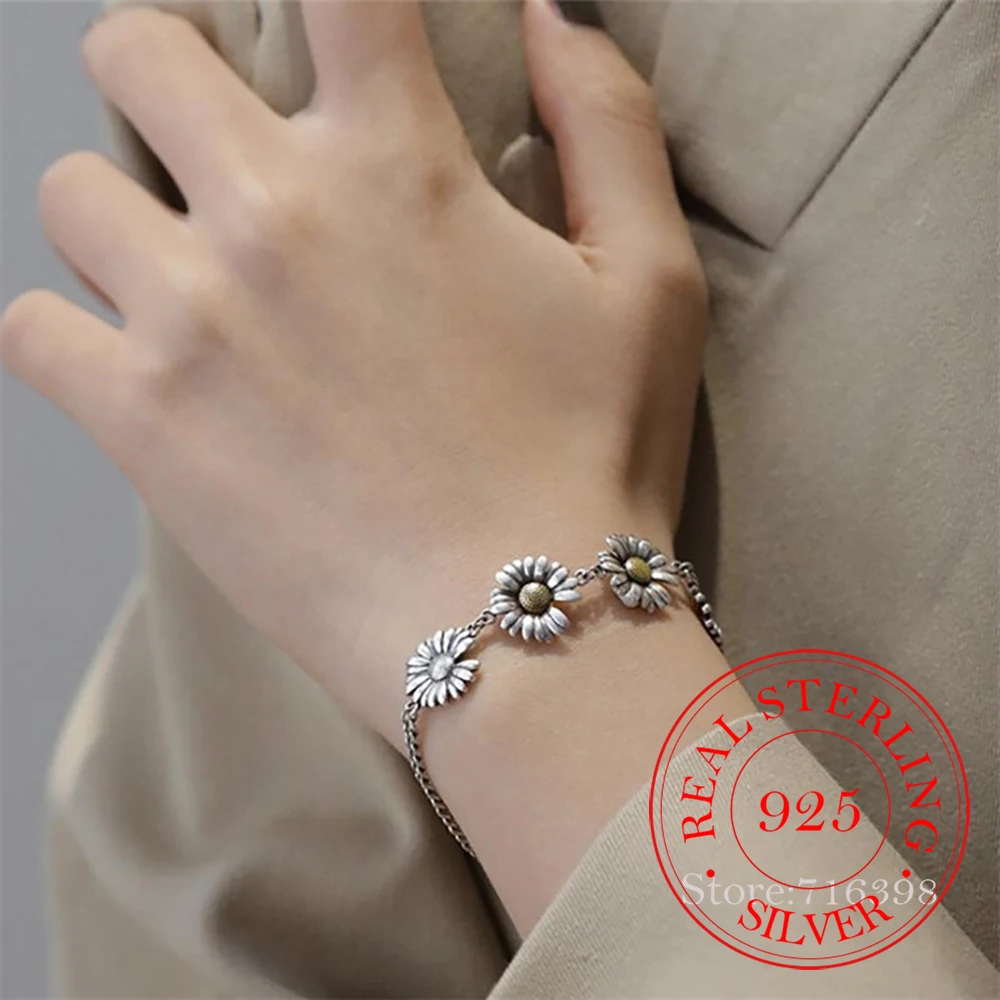 925 Sterling Silver Vintage Daisy Flower Charm Bransoletka dla kobiet Bransoletki i bransoletki Biżuteria ślubna Prezent Jlkfjlda