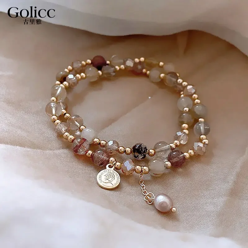 Double-layer Tea Crystal Beaded Bracelet for Girls 2024 New Niche Design High-end Exquisite Crystal HandString For Women Jewelry