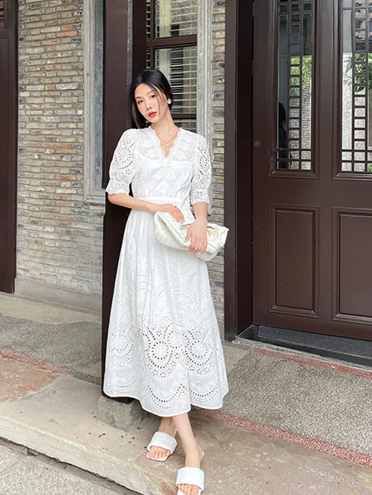 Gypsylady Elegant Chic Embroidery Midi Dress White Hollow Out Holiday Dresses Women Puff Sleeve Vintage Long Dress Vestidos