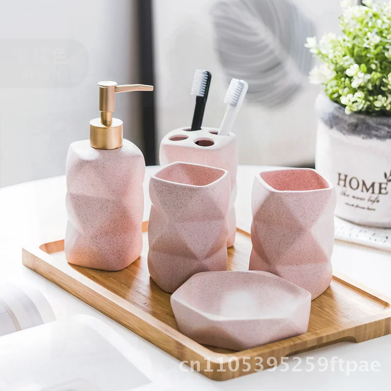Nordic Style Ceramic Bathroom Wash Set - 4-piece Gargle Cup Toothbrush Holder Irregular Pink/White/Blue Bathroom Supplies Gift