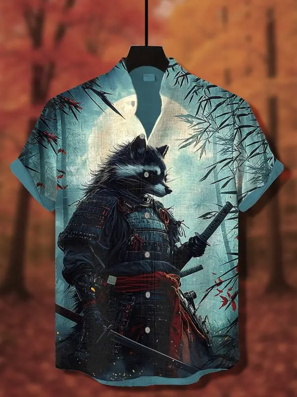 

Men's Raccoon Samurai Japanese Art Graphic Shirts 3D Print Casual Men Women Anime Cartoon Shirts Y2k Top Oversized Button Blouse