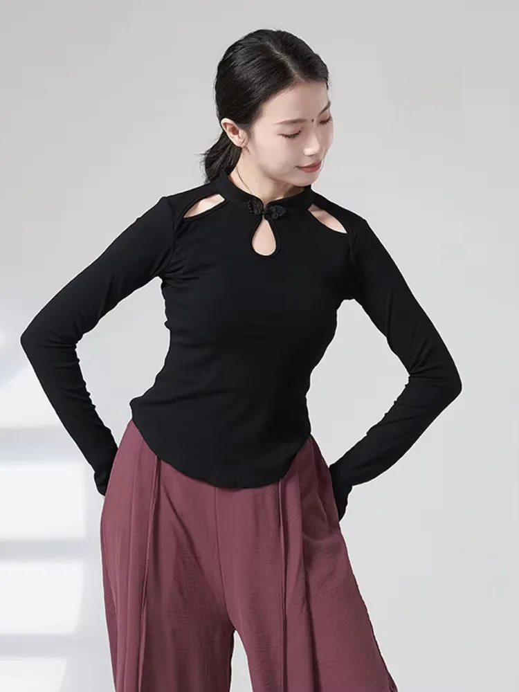 Haut de danse à col montant de couleur unie pour femmes, chemise ajourée à manches longues avec boutons décoratifs, idéal pour le scène de ballet