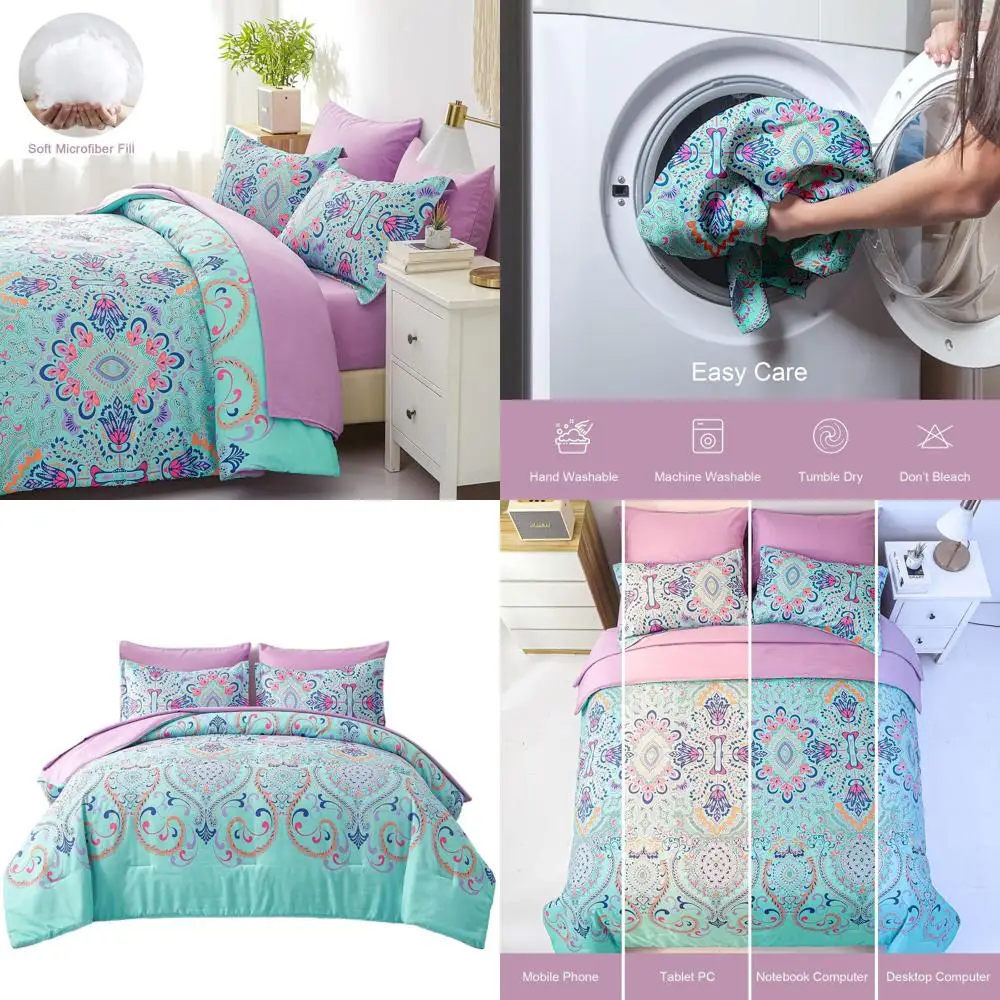 

Комплект одеял Aqua Boho из 7 предметов с принтом дамасского медальона, постельное белье из микрофибры для королевского размера