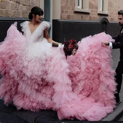 Pink V Neck Ruffles Prom Dresses Maternity Photoshoot Dress Tulle Tiered Photo Shoot Dress Pregnancy Clothes Sweep Train Robe