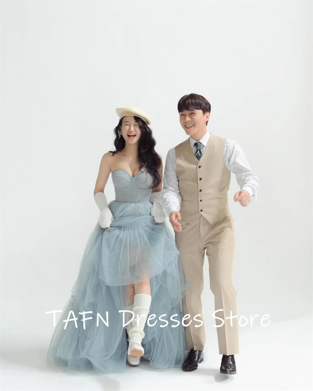 TAFN Sky Blue Sweetheart Wedding Dressses A-line Strapless Elegant Sleeveless Bridal Gown Korea Photo Shoot Dresses 웨딩드레스