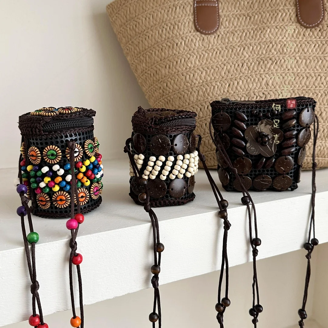 Coconut Crossbody Bag Boho Coin Purse Handmade Woven Crossbody Bag Natural Boho Mini Bag For Beach Trips Daily Shopping Women