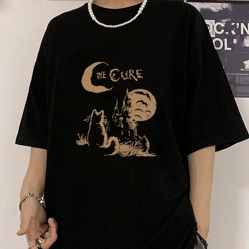 Vintage The Cure Gothic Cat Castle Moon Print Men Women T-Shirt Unisex Oversized Punk Rock Streetwear Casual Neutral Tee Street