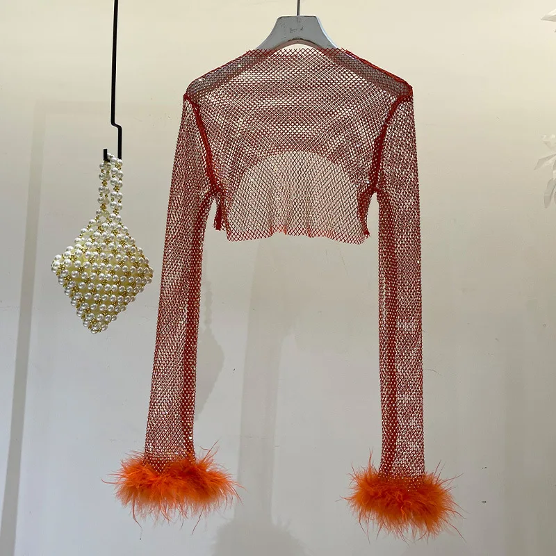 

Bright Dimaond Sheer Cropped Blouse With Long Sleeve of Ostrich Plumes Fashion See Through Hollow Out Fishnet Crop Tops