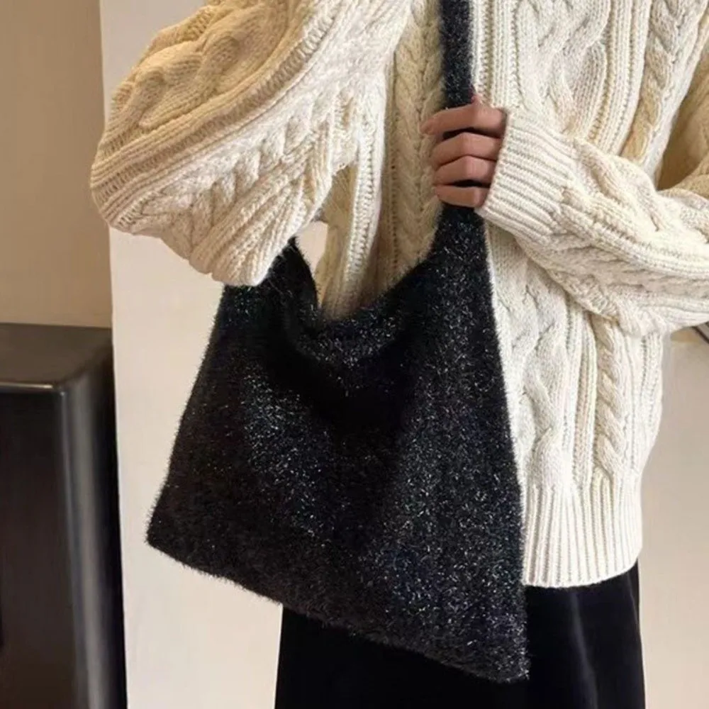 Fashion Knitted Underarm Bag BlingBling Single Shoulder Shoulder Bag Solid Color Large Capacity Women's Bag Women