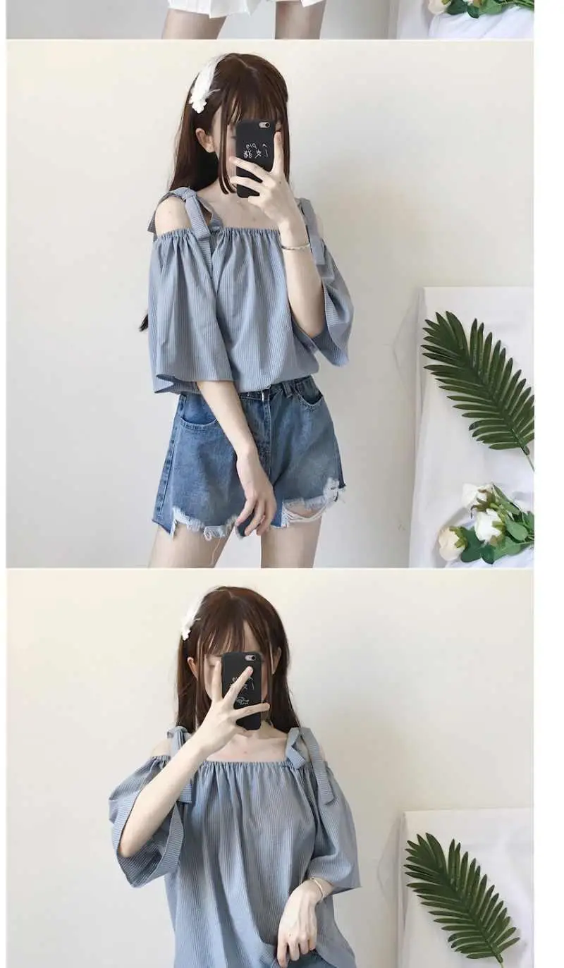 Nowa damska szkolna luźna koszula w paski z jednym dekoltem i krótkim rękawem