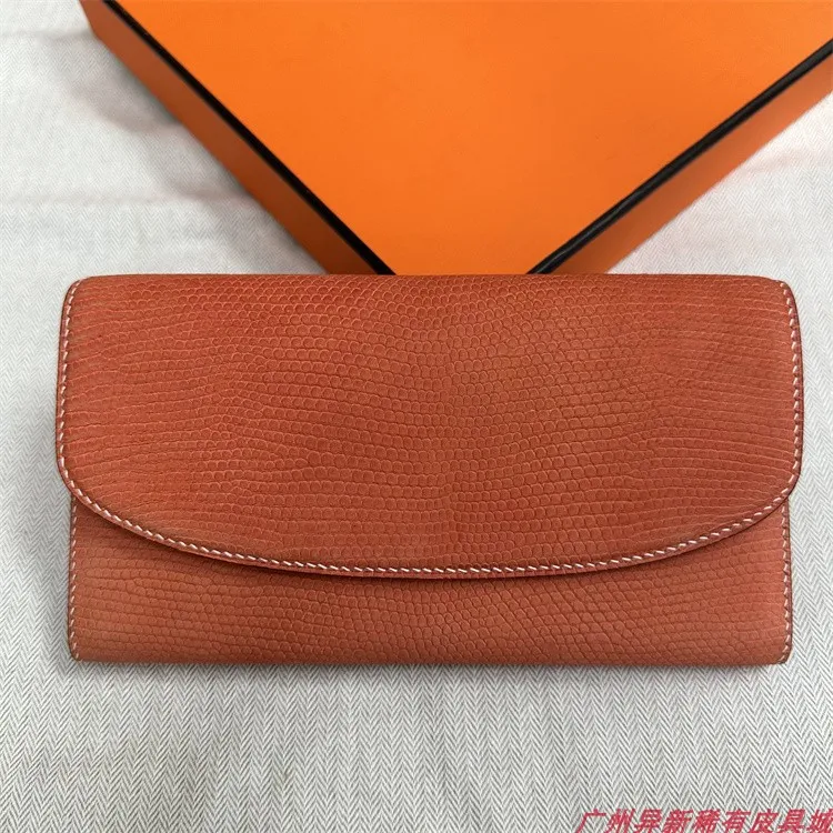 Sewn Wax Thread Lizard Leather Clutch Wallet Genuine Leather Long Wallet Women Three Fold Dinner Bag High Gloss Belly Handbag 45